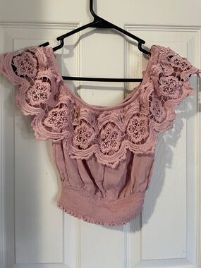 Forever 21 Pink Lace-Trim Off-Shoulder Crop Top
